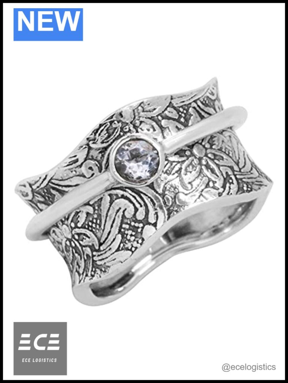 925 Sterling Silver Fidget Spinner Ring Bezel Set Semi-Precious Stone Meditation